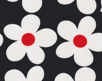 DOUBLE BRUSHED POLY, Large Daisy Power Floral White and Red on Black, Retro 60s 70s Floral Brushed Polyester Knit, Sold by the half yard