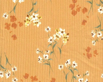 YUMMY RIB 4x2 Floral with Butterflies on Mango Yellow, Mustard Floral, Polyester Spandex Rib Knit, Floral Rib Knit, Sold by the half yard