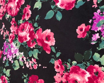 DOUBLE BRUSHED POLY, Fuchsia Pink Roses with Bouquet on Black, Floral Brushed Polyester Knit, Sold by the half yard