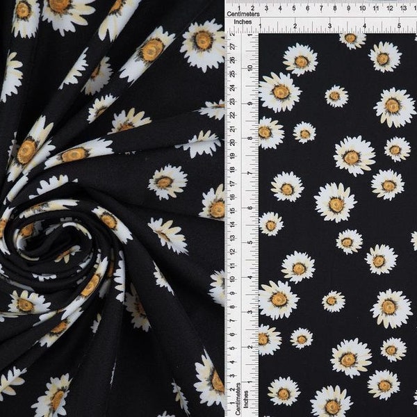 DOUBLE BRUSHED POLY, 90s White and Yellow Daisies on Black, Floral Brushed Polyester Knit, Sold by the half yard