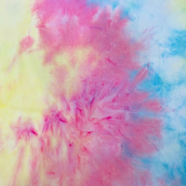DOUBLE BRUSHED POLY, Sherbet Tie Dye, Hippy Tie Dye Neon Pastel Pink Yellow Blue Brushed Polyester Knit, Sold by the half yard