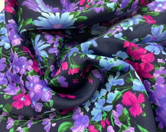 Vintage Jewel Tone Floral on Deep Navy Blue, Poly Woven Satin Feel, Sold by the HALF YARD