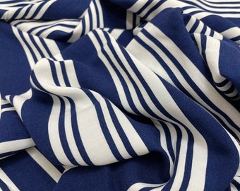 RAYON Navy Blue and White Variegated Vertical Stripe, Striped Rayon Challis, Sold by the half yard