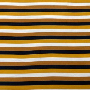 DOUBLE BRUSHED POLY, Mustard, Black and White Vertical Stripe, Brushed Polyester Knit, Sold by the half yard