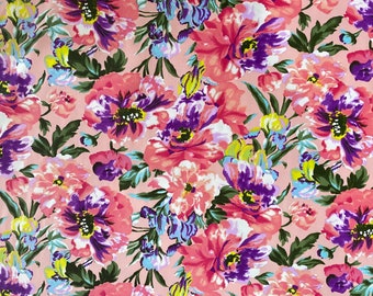 DOUBLE BRUSHED POLY, Large Summer Floral on Blush, Bright Floral Brushed Polyester Knit, Sold by the half yard