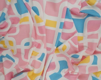 DOUBLE BRUSHED POLY, Retro Geometric Links in Blue, Yellow, White on Pink,  Brushed Polyester Knit, Sold by the half yard