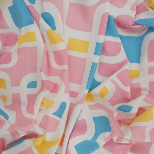 DOUBLE BRUSHED POLY, Retro Geometric Links in Blue, Yellow, White on Pink,  Brushed Polyester Knit, Sold by the half yard