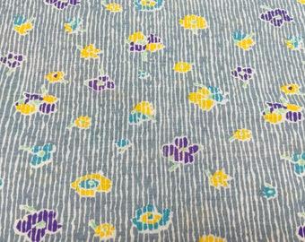 2.25 Yards Vintage Cotton Poly Knit Yellow, Aqua and Purple Floral on Gray/Blue with White Stripe