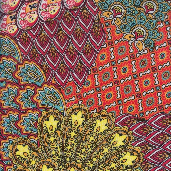 DOUBLE BRUSHED POLY, Bright Paisley Orange, Red, Turquoise, Yellow  Brushed Polyester Knit, Sold by the half yard