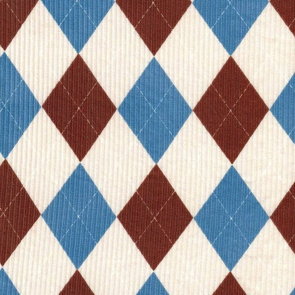 YUMMY RIB 4x2 in Blue and Rust Argyle, Polyester Spandex Rib Knit, Argyle Rib Knit, Sold by the half yard