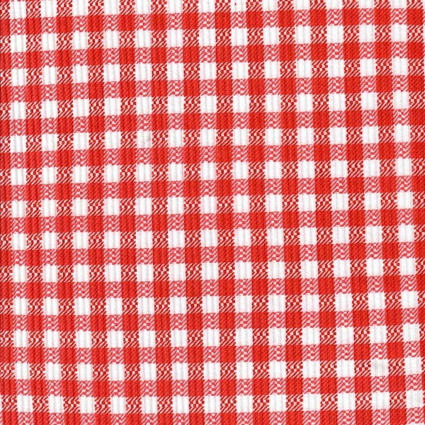 YUMMY RIB 4x2 Red and White Check Gingham 1/2" Squares Polyester Spandex Rib Knit, Floral Rib Knit, Sold by the half yard