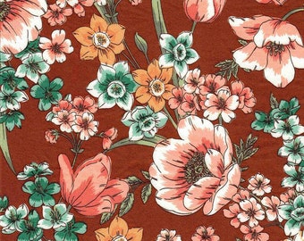 DOUBLE BRUSHED POLY, Pink Orange Mint Floral on Rust, Floral Brushed Polyester Knit, Sold by the half yard