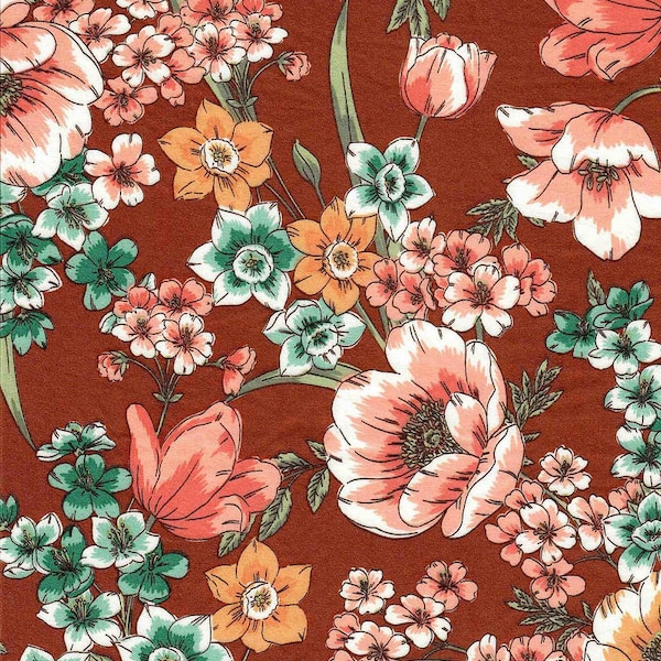 DOUBLE BRUSHED POLY, Pink Orange Mint Floral on Rust, Floral Brushed Polyester Knit, Sold by the half yard