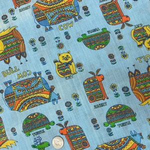 Vintage Folk Animal Countryside Print on Blue Poly Cotton Sold by the Half Yard image 1
