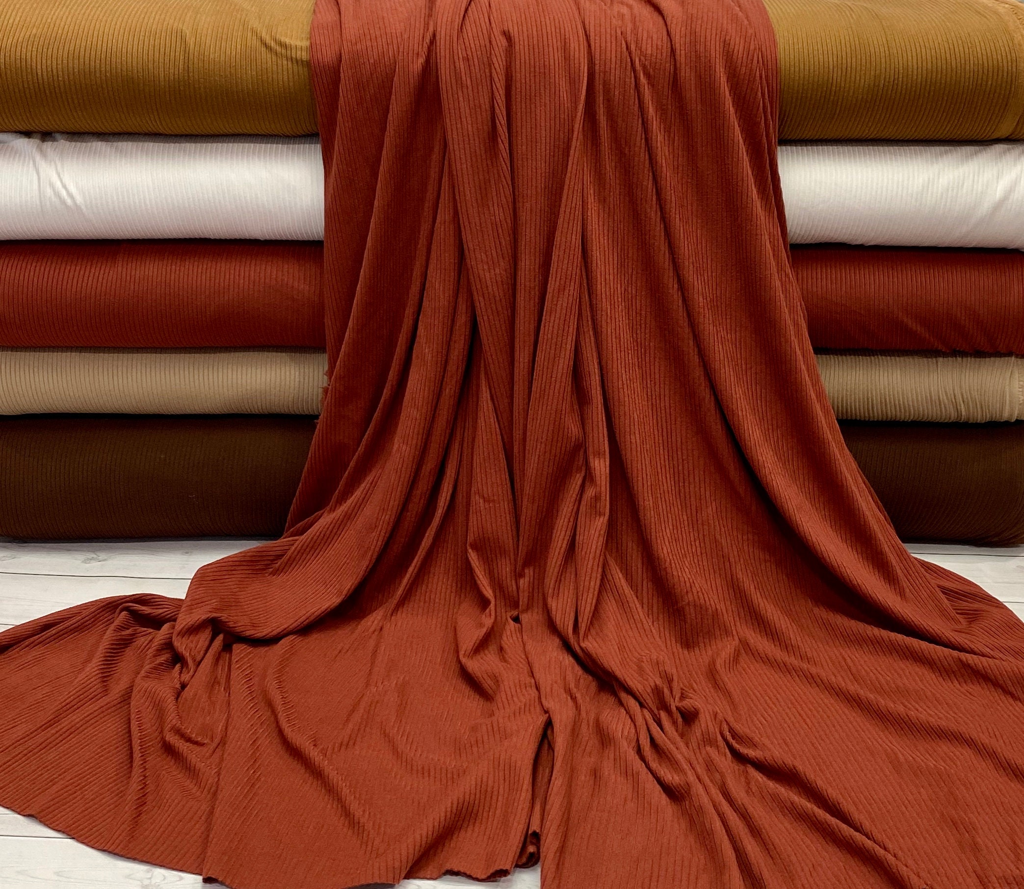 YUMMY RIB 4x2 in Rust, Polyester Spandex Rib Knit, Dark Red Orange Ri…