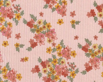 YUMMY RIB 4x2 in Blush with Retro Floral, Polyester Spandex Rib Knit, Floral Rib Knit, Sold by the half yard