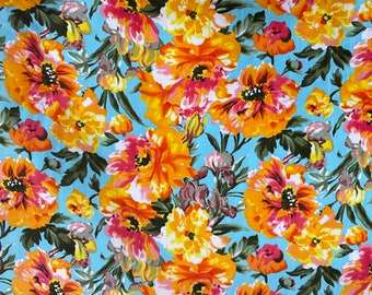 DOUBLE BRUSHED POLY, Peachy Orange Floral on Aqua, Bright Floral Brushed Polyester Knit, Sold by the half yard