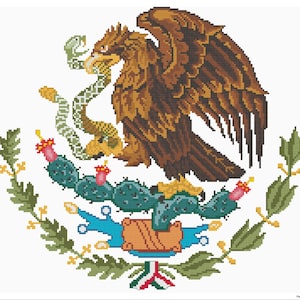 May include: The national coat of arms of Mexico, featuring a golden eagle perched on a prickly pear cactus, with a snake in its beak. The eagle is standing on a rock with a blue and orange ribbon below. The eagle is surrounded by a wreath of green leaves.