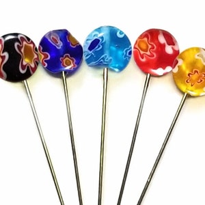 Round Millefiori Decorative Straight Pins in Traditional Venetian Lampwork. Pincushion Glass Garden in your Needle Project. Quilting Pins