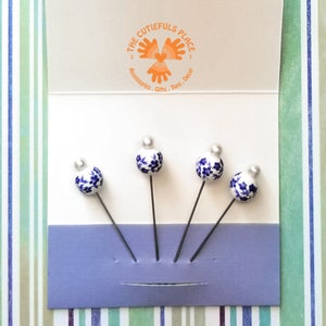 Straight Pins with Blue Flowers on White Ceramic Pearl. These Decorative Pins make a Great Gift for Stitchers, Quilters, Garden Lovers