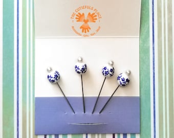 Straight Pins with Blue Flowers on White Ceramic Pearl. These Decorative Pins make a Great Gift for Stitchers, Quilters, Garden Lovers