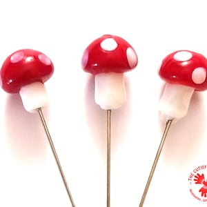 Glass Mushroom Decorative Straight Pins: sewing pins and quilting pins, scrapbooking, map pins, fairy garden pins, fancy pins for pincushion