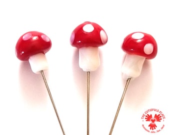 Glass Mushroom Decorative Straight Pins: sewing pins and quilting pins, scrapbooking, map pins, fairy garden pins, fancy pins for pincushion