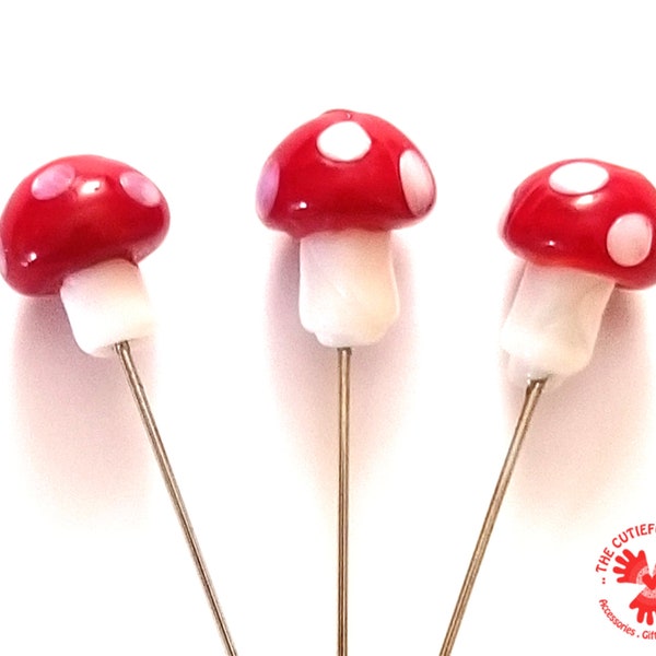 Glass Mushroom Decorative Straight Pins: sewing pins and quilting pins, scrapbooking, map pins, fairy garden pins, fancy pins for pincushion