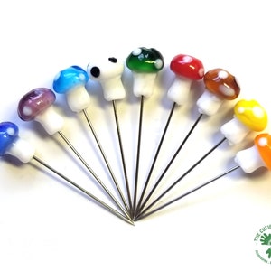 Glass Mushroom Decorative Straight Pins: sewing pins and quilting pins, scrapbooking, map pins, fairy garden pins, fancy pins for pincushion