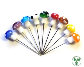 Glass Mushroom Decorative Straight Pins: sewing pins and quilting pins, scrapbooking, map pins, fairy garden pins, fancy pins for pincushion