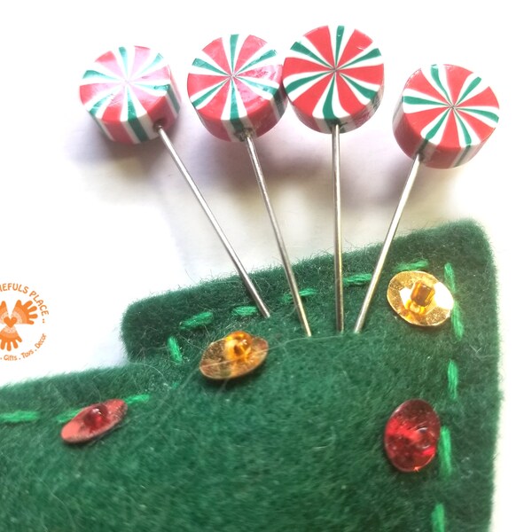 Peppermint Candy Straight Pins. Great Holiday Touch to your Pincushion and Festive Project. Great Christmas Pins for Stitchers Quilters Gift