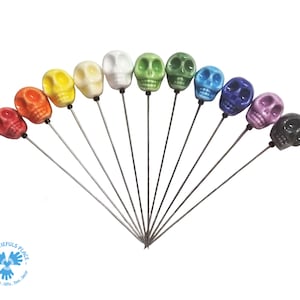 Rainbow Ceramic Skull Long Pins: Stitch Counting, Stitch Marking. Halloween Pins. Gift for Quilter. Pincushion Pals. Embroidery Fancy Pins