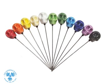 Rainbow Ceramic Skull Long Pins: Stitch Counting, Stitch Marking. Halloween Pins. Gift for Quilter. Pincushion Pals. Embroidery Fancy Pins