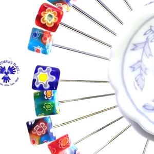 Alfileres decorativos cuadrados Millefiori de estilo tradicional veneciano / Alfiletero / Regalo para ella / Costura, acolchado, bordado, sashiko