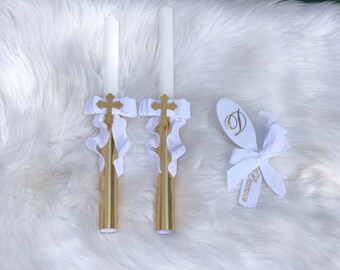Juego de 2 velas cónicas doradas para bautizo