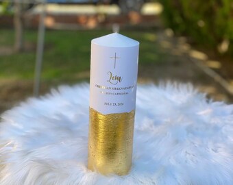 Preciosa vela para bautizo o bautismo personalizada con lámina dorada