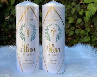 Vela de bautizo o bautismo con forma de rama de olivo personalizada