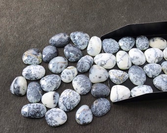 Puede incluir: Una colección de piedras preciosas de ópalo dendrítico, cada una con un patrón único de inclusiones negras y grises sobre un fondo blanco. Las piedras varían en forma y tamaño, algunas facetadas. Se exhiben sobre una superficie gris oscuro.