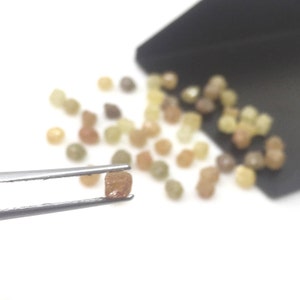 Puede incluir: Una peque&ntilde;a gema marr&oacute;n en bruto es sostenida por unas pinzas, con una dispersi&oacute;n de gemas similares de varios colores y tama&ntilde;os en el fondo. Las gemas son en tonos marrones, amarillos y verdes, lo que sugiere una colecci&oacute;n de diamantes naturales.