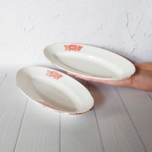 Vintage oval plate Red flowers Soviet ceramic dishes Ukrainian faience, Set of 2