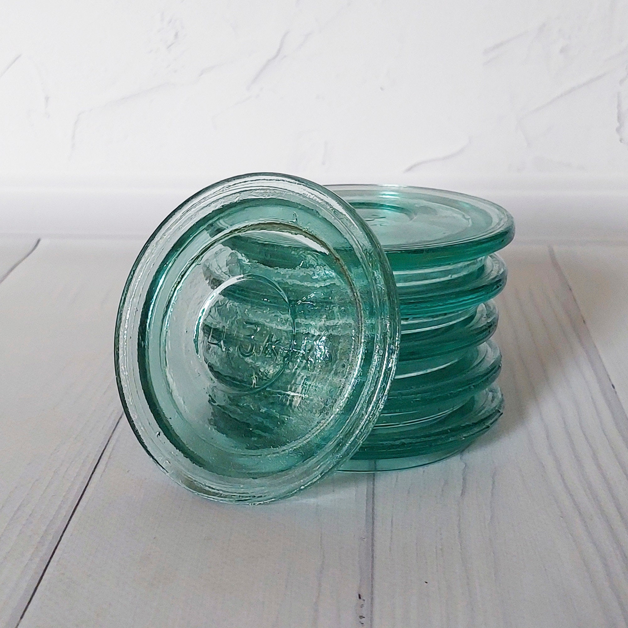 3 antique glass jars with lids 14¼