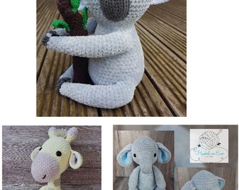 Crochet amigurumi pattern bundle Koala Elephant Giraffe soft toy plush gift baby shower PDF