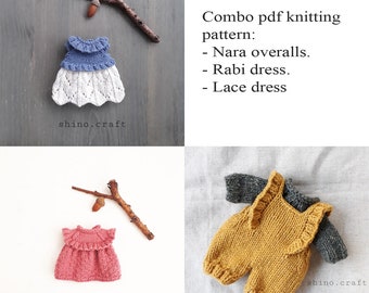 May include: A set of three knitting patterns for doll clothes, including a pair of overalls, a dress with a ruffled collar, and a lace dress. The patterns are available as a PDF download.