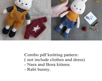 May include: Knitting pattern for a cat and bunny amigurumi toy. The pattern includes instructions for Nara and Bora kittens and Rabi bunny. The image shows the finished knitted toys.
