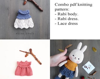 May include: Knitting pattern for a bunny doll with a blue dress, a pink dress, and a white lace dress. The pattern includes instructions for the bunny body, the blue dress, and the white lace dress. The pattern is available as a PDF download.