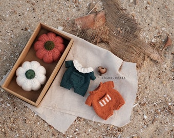 May include: Two knitted baby outfits in green and orange with white accents, and three knitted flower decorations in a box. The flowers are red, white, and green.