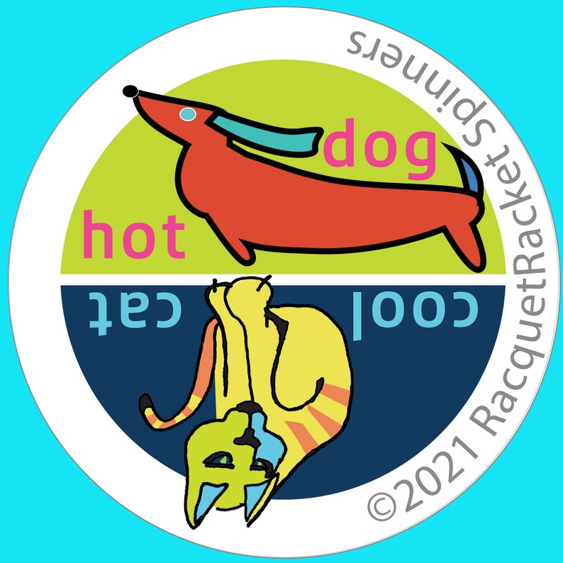 May include: A white circle with a blue background and a green and yellow background. The top half of the circle has a red dachshund with the word "dog" in pink. The bottom half of the circle has a yellow cat with the word "cool" in blue. The words "hot" and "cat" are written in blue and pink. The text "2021 Racquet Spinners" is written in black around the circle.