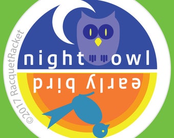Tennis Party Gifts: Set of 4 Night Owl/Early Bird tennis racquet cap spinning decals