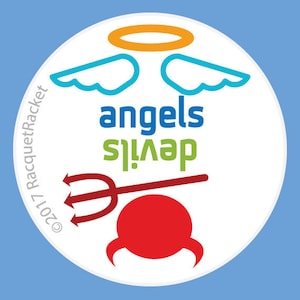 May include: A white circle with a halo, wings, a trident, and a red devil head. The text "angels" and "devils" is written in green and blue. The text "©2017 RacquetRacket" is written in black.