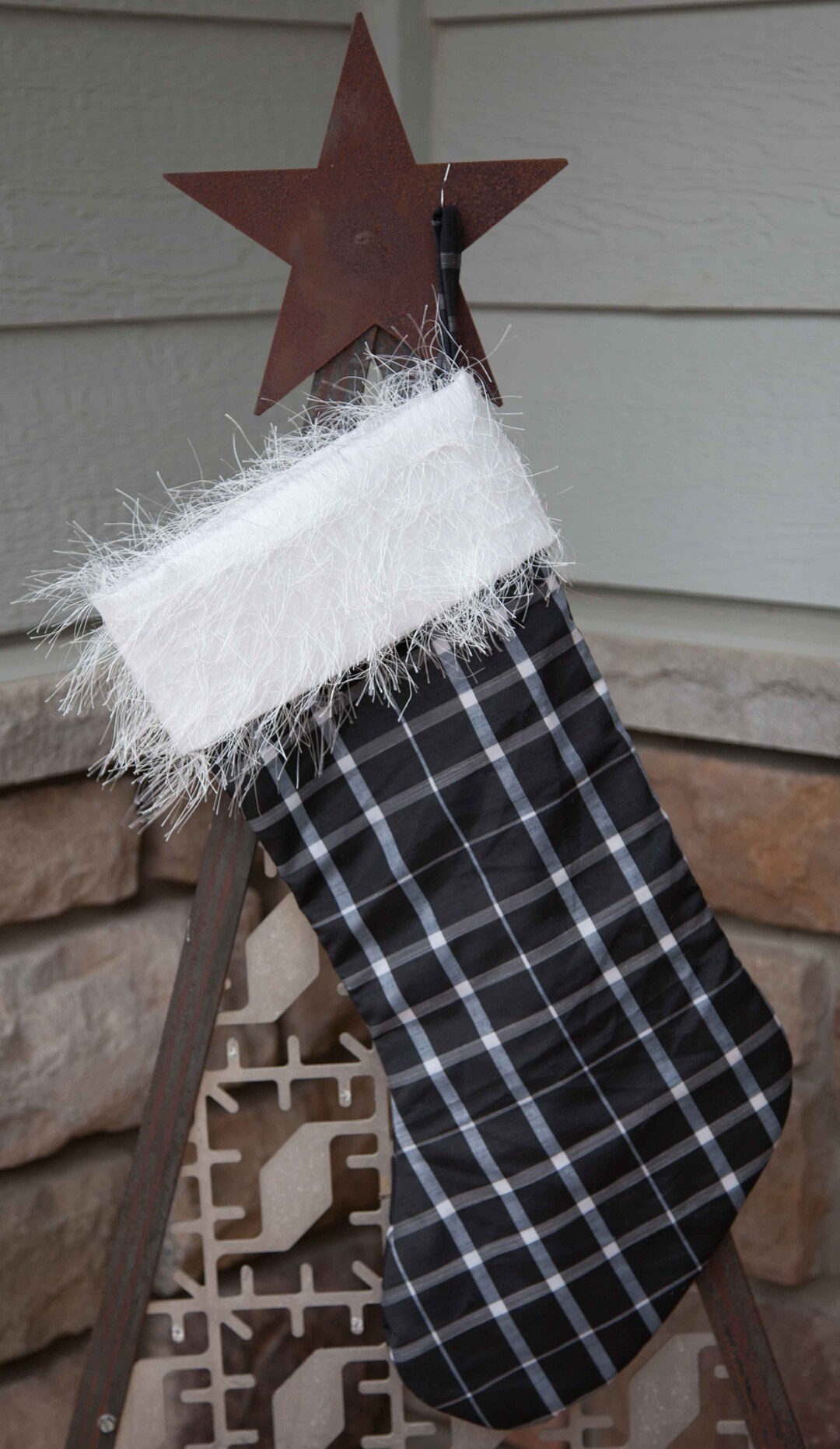 Christmas Stocking/black and White Plaid Christmas Stocking/ Woodland Farmhouse Christmas